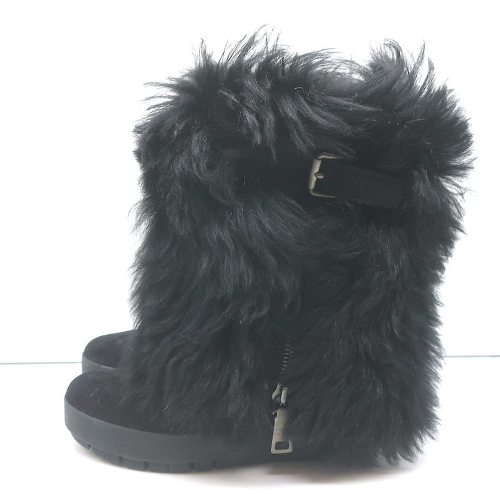 Prada Linea Rossa Fold-Over Shearling Boots Black Suede Size 35