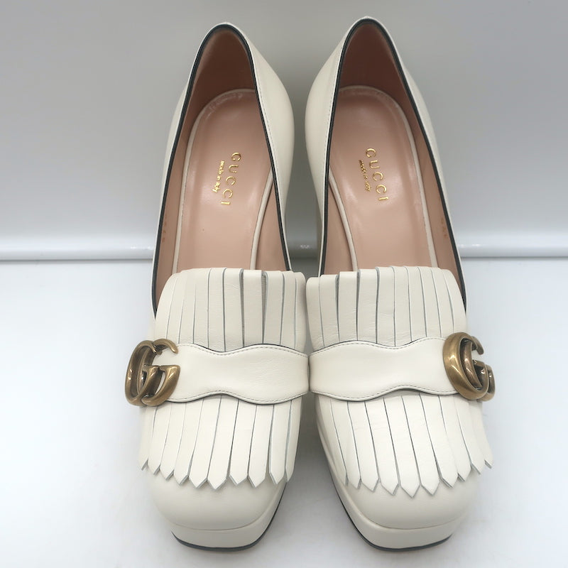 Gucci GG Marmont Fringe Platform Loafer Pumps Cream Leather Size 36 NEW
