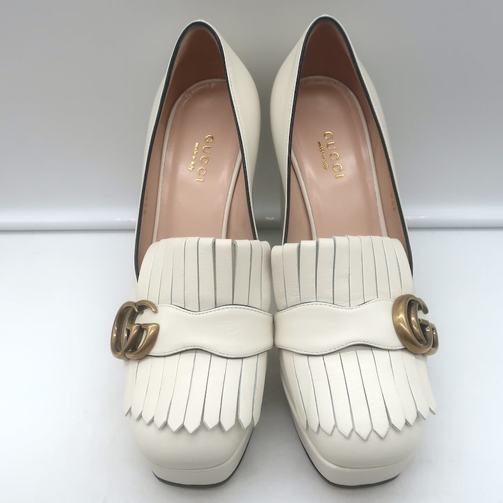 Gucci GG Marmont Fringe Platform Loafer Pumps Cream Leather Size 36 NEW