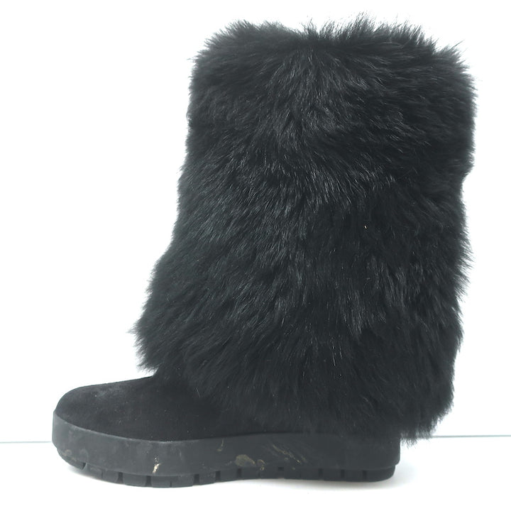Prada Linea Rossa Fold-Over Shearling Boots Black Suede Size 35