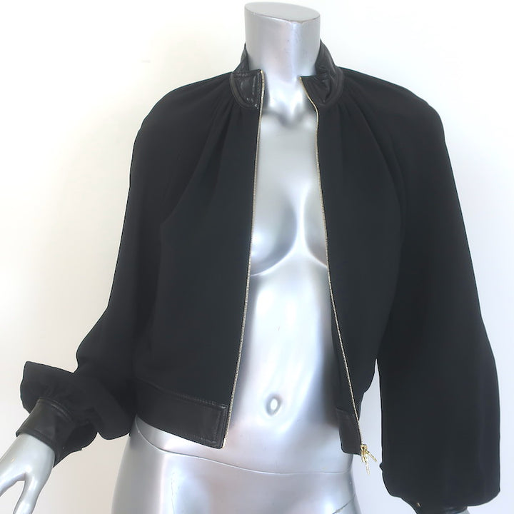 Rosetta Getty Blouson-Sleeve Jacket Black Leather-Trim Stretch Crepe Size 2