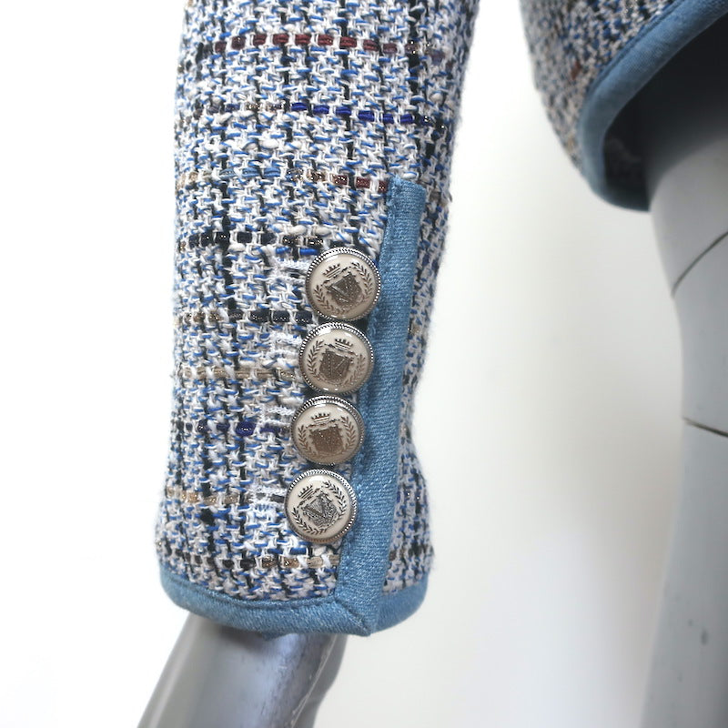 Veronica Beard Darla Denim-Trim Tweed Jacket Blue Cotton-Blend Size 4