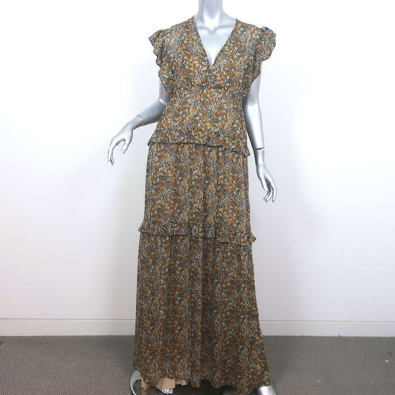 Ba&sh Samanta Ruffled Maxi Dress Brown Leaf Print Georgette Size Large Ba&sh Samanta Ruffled Maxi Dress Brown Leaf Print Georgette Size Large