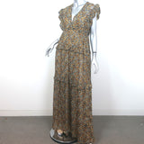 Ba&sh Samanta Ruffled Maxi Dress Brown Leaf Print Georgette Size Large