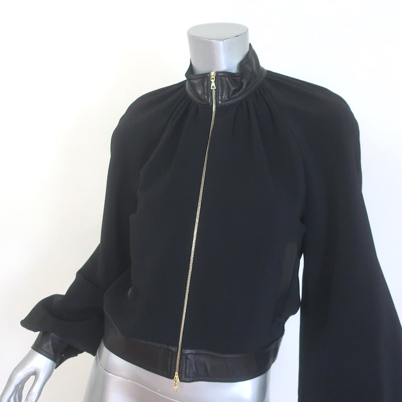 Rosetta Getty Blouson-Sleeve Jacket Black Leather-Trim Stretch Crepe Size 2