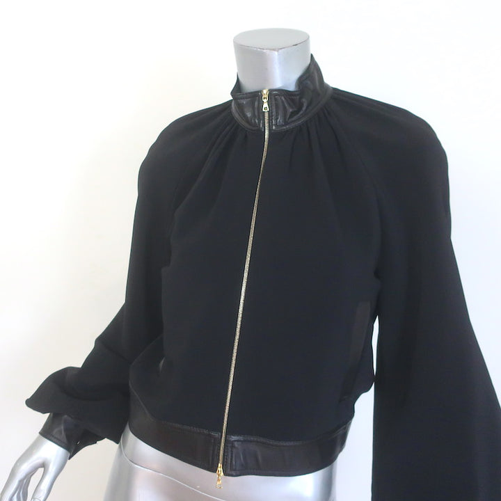 Rosetta Getty Blouson-Sleeve Jacket Black Leather-Trim Stretch Crepe Size 2