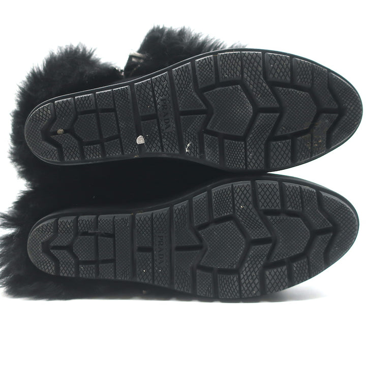 Prada Linea Rossa Fold-Over Shearling Boots Black Suede Size 35