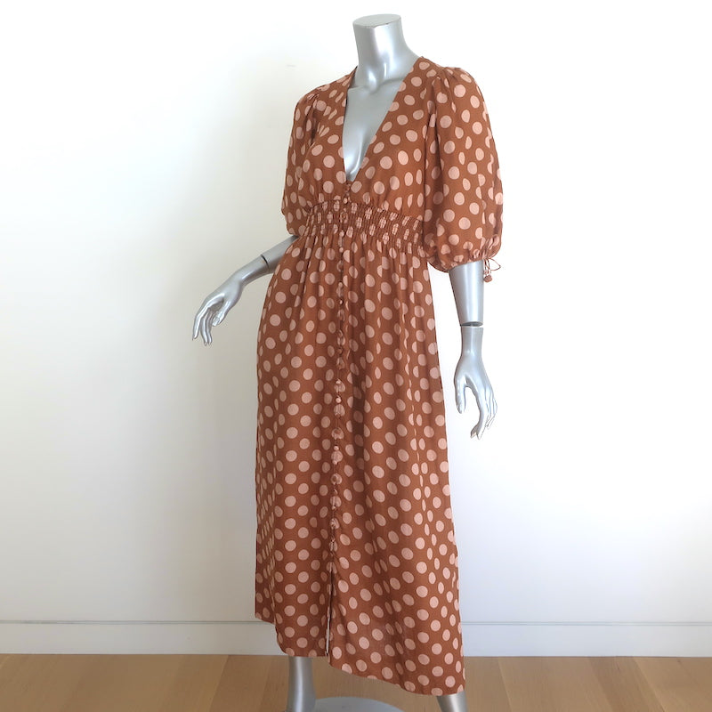 Zimmermann Primrose Puff Sleeve Midi Dress Brown/Pink Polka Dot Linen Size 0