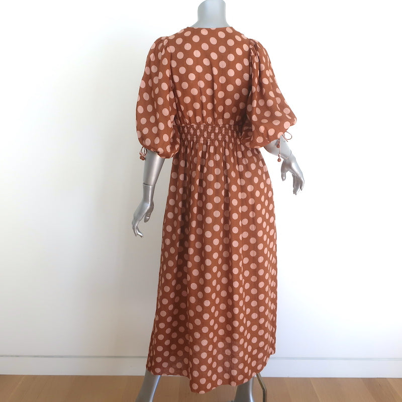 Zimmermann Primrose Puff Sleeve Midi Dress Brown/Pink Polka Dot Linen Size 0