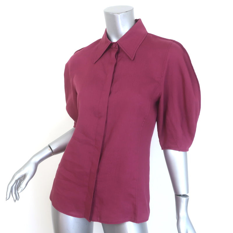 Gabriela Hearst Sansi Puff Sleeve Top Raspberry Aloe Linen Size 38