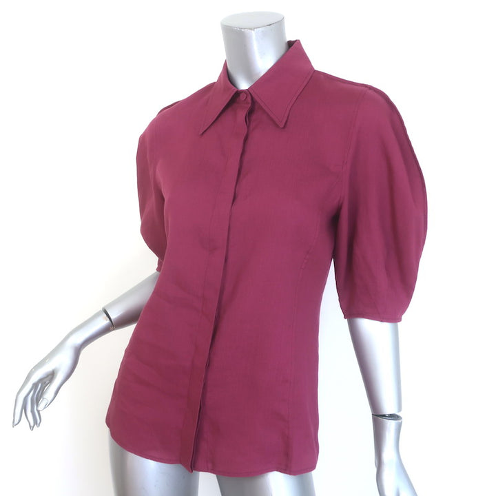 Gabriela Hearst Sansi Puff Sleeve Top Raspberry Aloe Linen Size 38