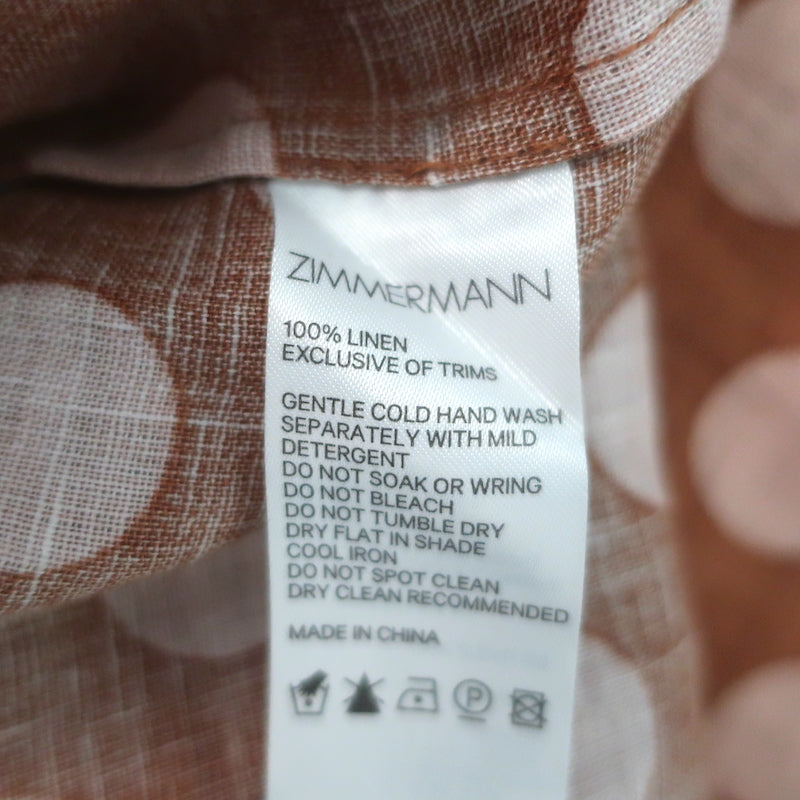 Zimmermann Primrose Puff Sleeve Midi Dress Brown/Pink Polka Dot Linen Size 0