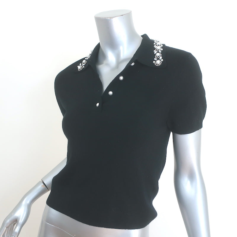 Alice + Olivia Meda Crystal &amp; Faux Pearl-Embellished Polo Black Size Medium