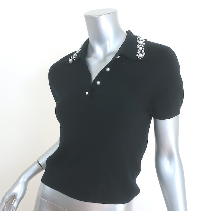 Alice + Olivia Meda Crystal &amp; Faux Pearl-Embellished Polo Black Size Medium