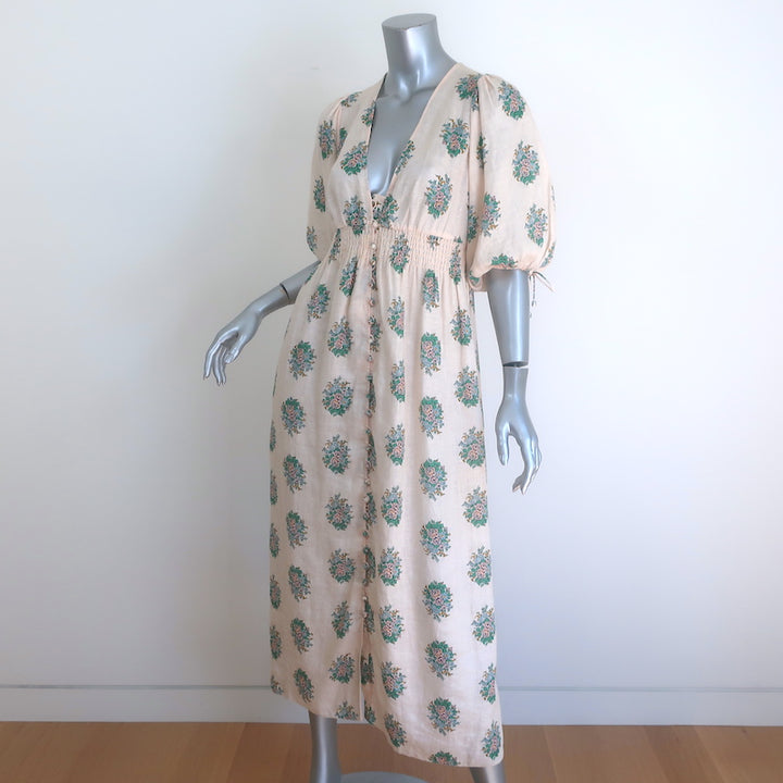 Zimmermann Verity Puff Sleeve Midi Dress Light Pink Floral Print Linen Size 0