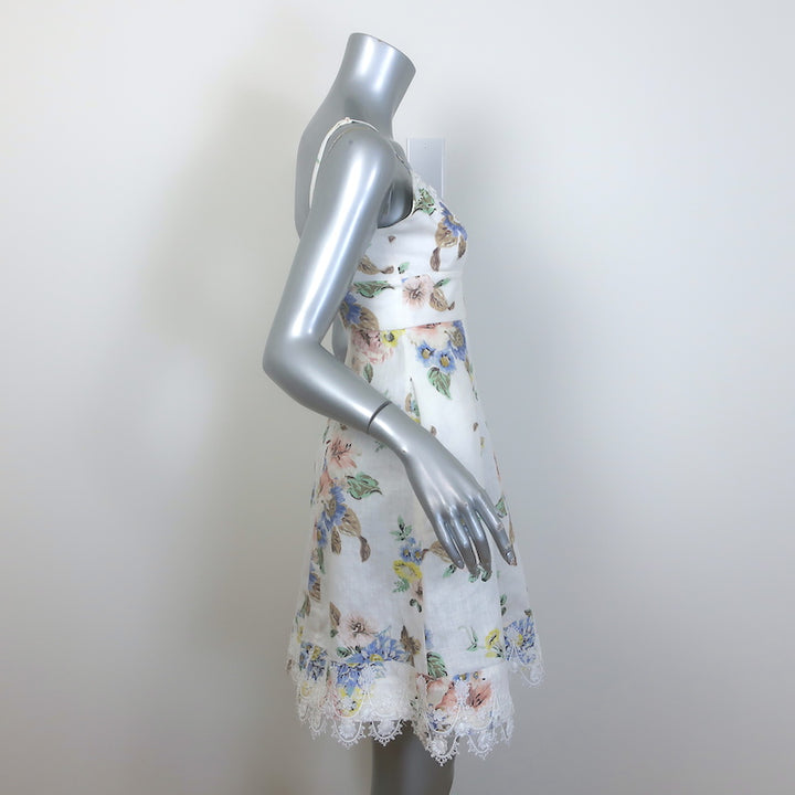 Zimmermann Picnic Lace-Trimmed Mini Dress Cream Floral Print Linen-Silk Size 0