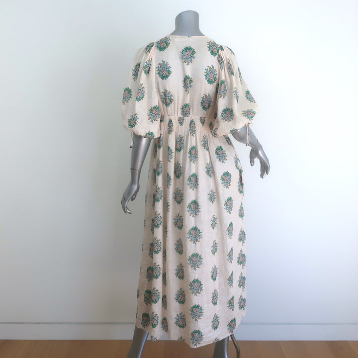 Zimmermann Verity Puff Sleeve Midi Dress Light Pink Floral Print Linen Size 0