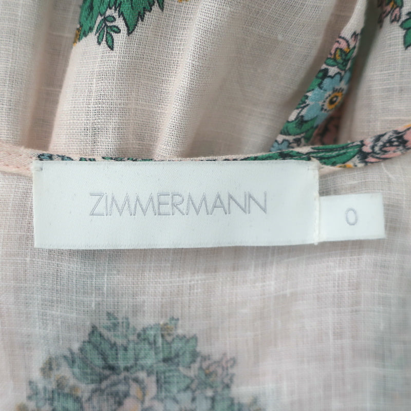 Zimmermann Verity Puff Sleeve Midi Dress Light Pink Floral Print Linen Size 0