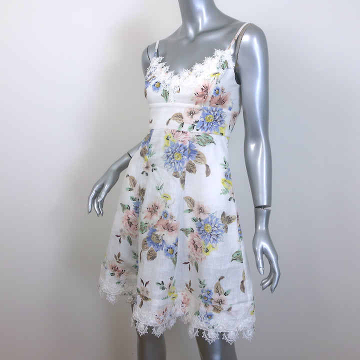 Zimmermann Picnic Lace-Trimmed Mini Dress Cream Floral Print Linen-Silk Size 0