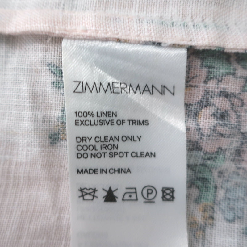 Zimmermann Verity Puff Sleeve Midi Dress Light Pink Floral Print Linen Size 0