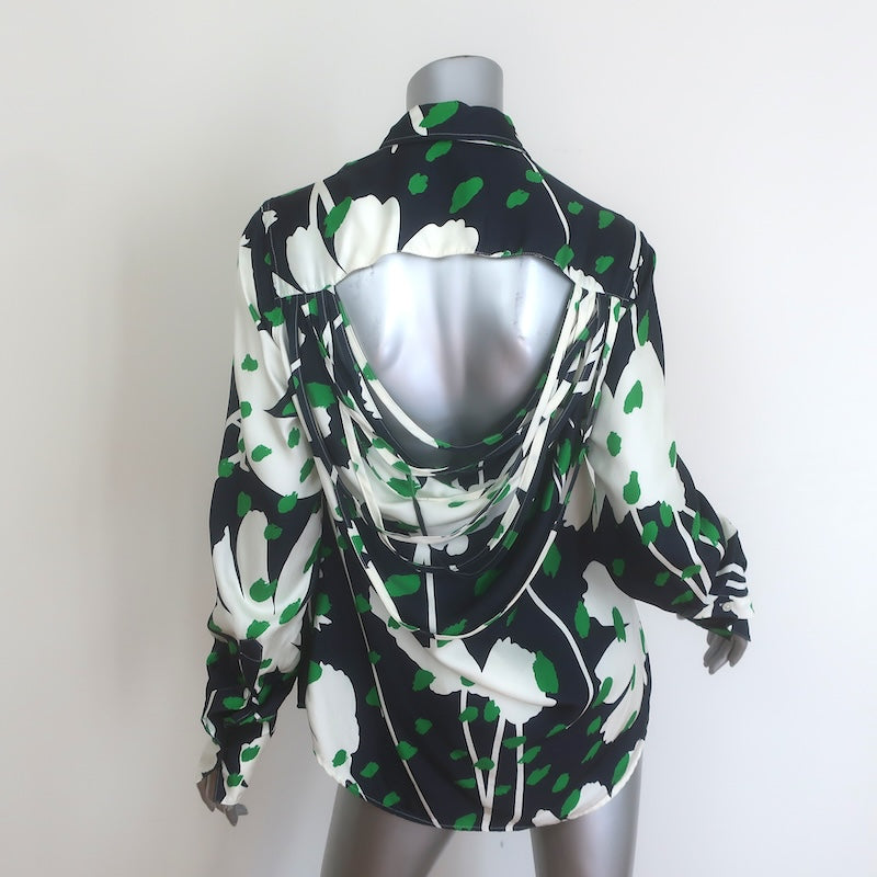 Monse Draped Open-Back Button-Up Top Black/White Floral Print Silk Twill Size 6