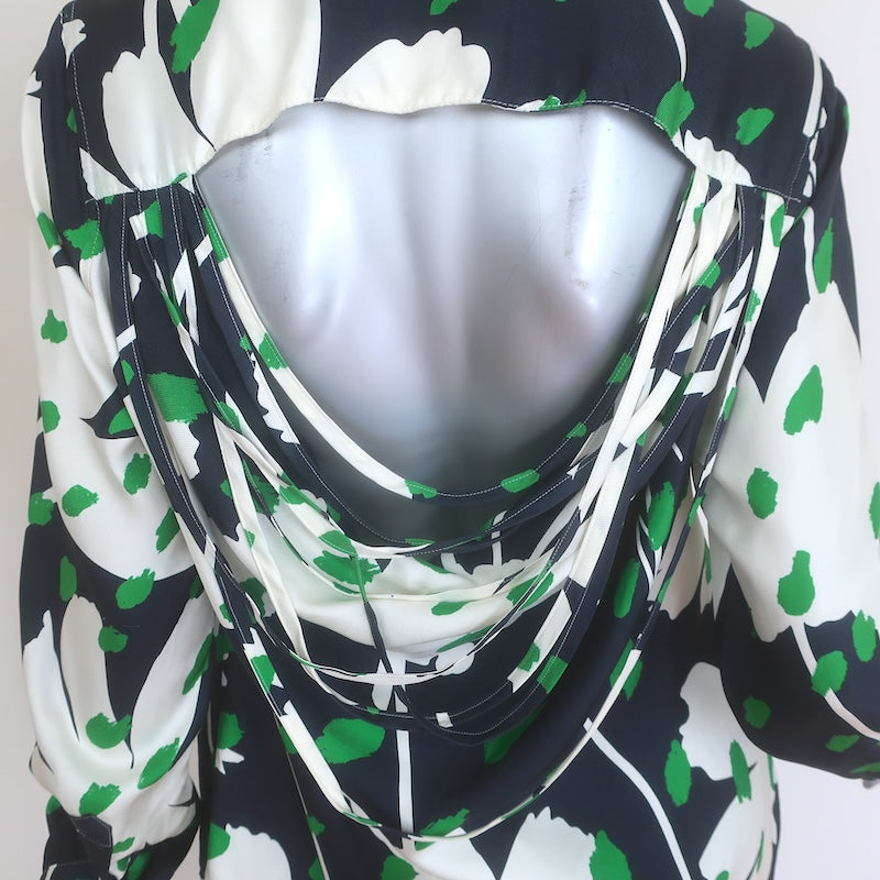 Monse Draped Open-Back Button-Up Top Black/White Floral Print Silk Twill Size 6