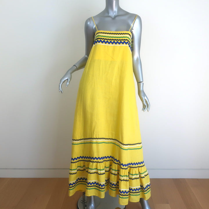 Lisa Marie Fernandez Ric Rac-Trimmed Ruffled Maxi Dress Yellow Linen Size III