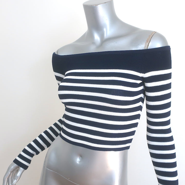 Staud Float Off the Shoulder Striped Crop Top Navy &amp; White Knit Size Extra Small