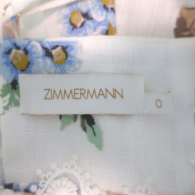Zimmermann Picnic Lace-Trimmed Mini Dress Cream Floral Print Linen-Silk Size 0