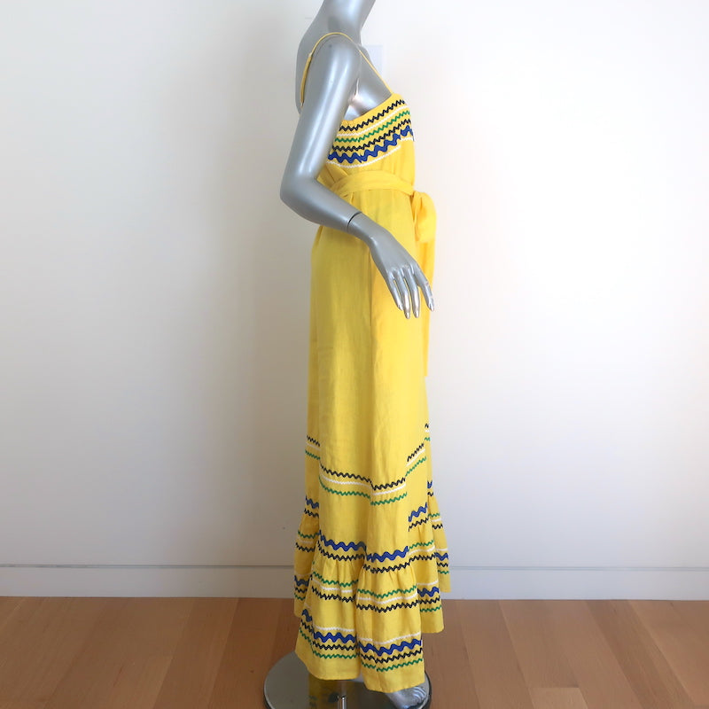 Lisa Marie Fernandez Ric Rac-Trimmed Ruffled Maxi Dress Yellow Linen Size III