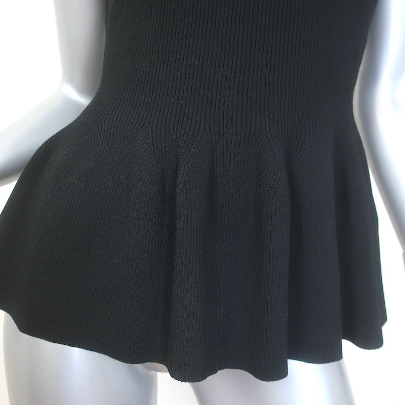 Veronica Beard Arago Peplum Top Black Ribbed Knit Size Small