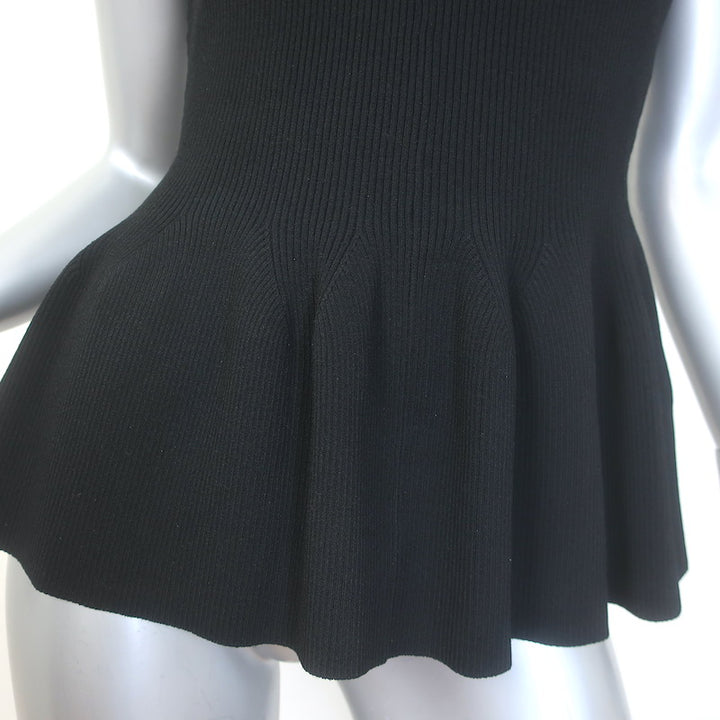 Veronica Beard Arago Peplum Top Black Ribbed Knit Size Small
