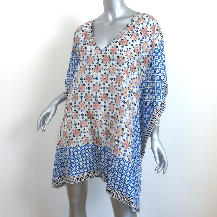 Tory Burch Cover-Up Tunic Dress Cream/Blue Printed Silk Size Medium/Large