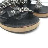 Chanel CC Chain-Trimmed Slingback Sandals Black Leather Size 39 C