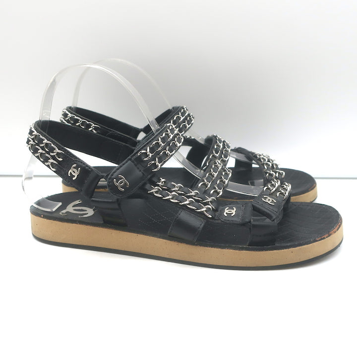 Chanel CC Chain-Trimmed Slingback Sandals Black Leather Size 39 C