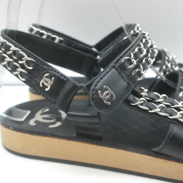Chanel CC Chain-Trimmed Slingback Sandals Black Leather Size 39 C