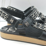 Chanel CC Chain-Trimmed Slingback Sandals Black Leather Size 39 C