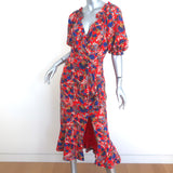 Saloni Olivia Wrap-Effect Midi Dress Red Floral Print Silk Size 4