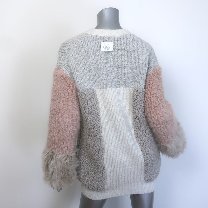 Stella McCartney Patchwork Faux Fur Oversized Cardigan Oatmeal/Multi Size 34