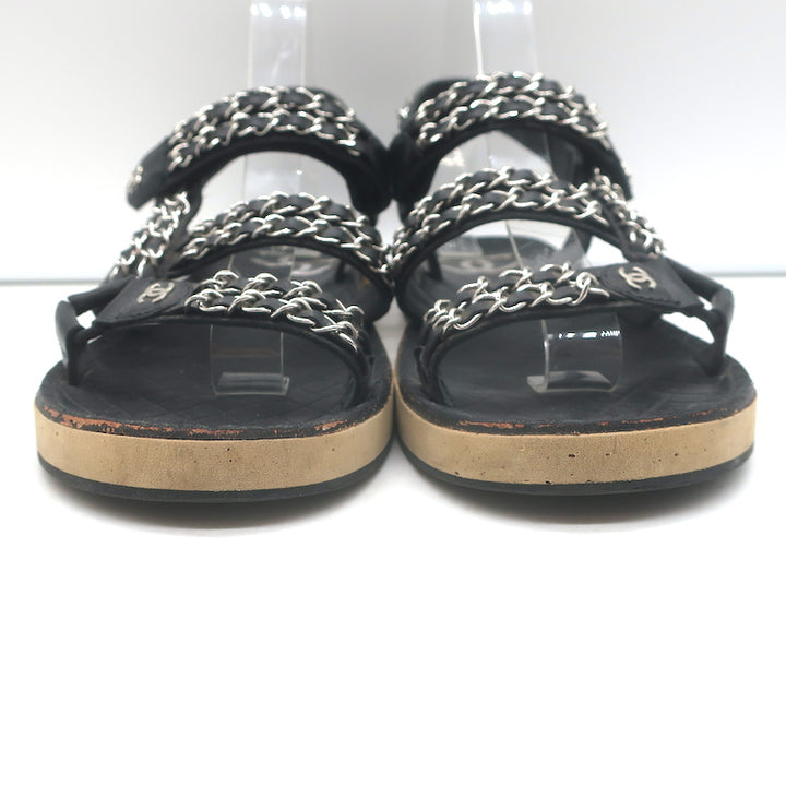 Chanel CC Chain-Trimmed Slingback Sandals Black Leather Size 39 C