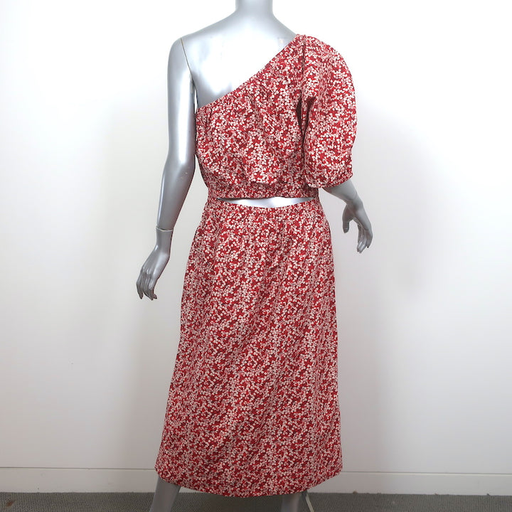 Apiece Apart One Shoulder Midi Dress Palma Red Floral Print Cotton Size Large
