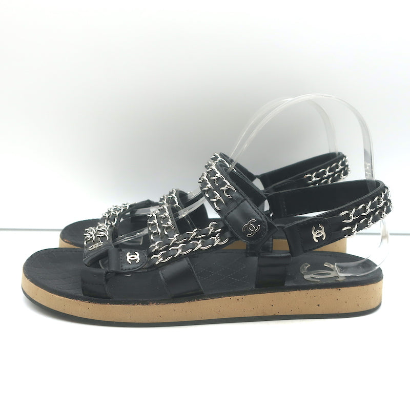 Chanel CC Chain-Trimmed Slingback Sandals Black Leather Size 39 C