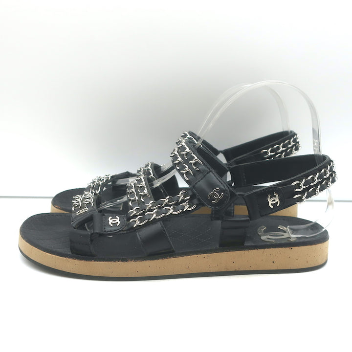 Chanel CC Chain-Trimmed Slingback Sandals Black Leather Size 39 C
