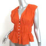 FRAME Ruched V-Neck Blouse Orange Cotton Size Small Sleeveless Top NEW