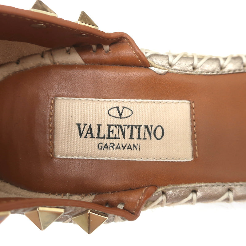 Valentino Rockstud Espadrille Wedges Rose Gold Metallic Leather Size 35
