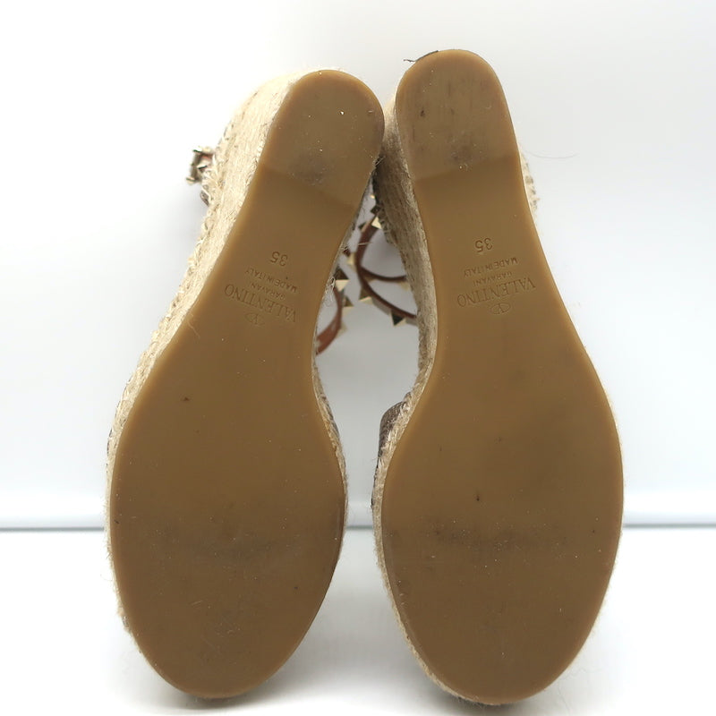 Valentino Rockstud Espadrille Wedges Rose Gold Metallic Leather Size 35