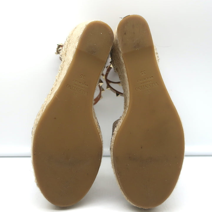 Valentino Rockstud Espadrille Wedges Rose Gold Metallic Leather Size 35