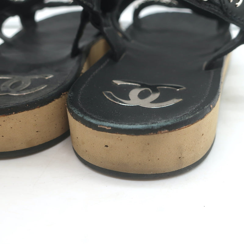 Chanel CC Chain-Trimmed Slingback Sandals Black Leather Size 39 C