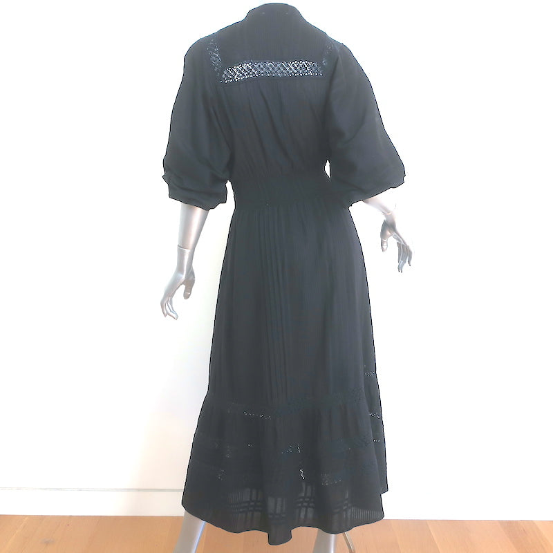 Cleobella Bijou Button-Front Midi Dress Black Lace-Trim Cotton Size Extra Small