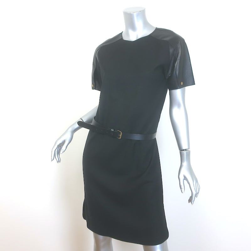 Derek Lam Leather-Sleeve Belted Shift Dress Black Virgin Wool Size US 4